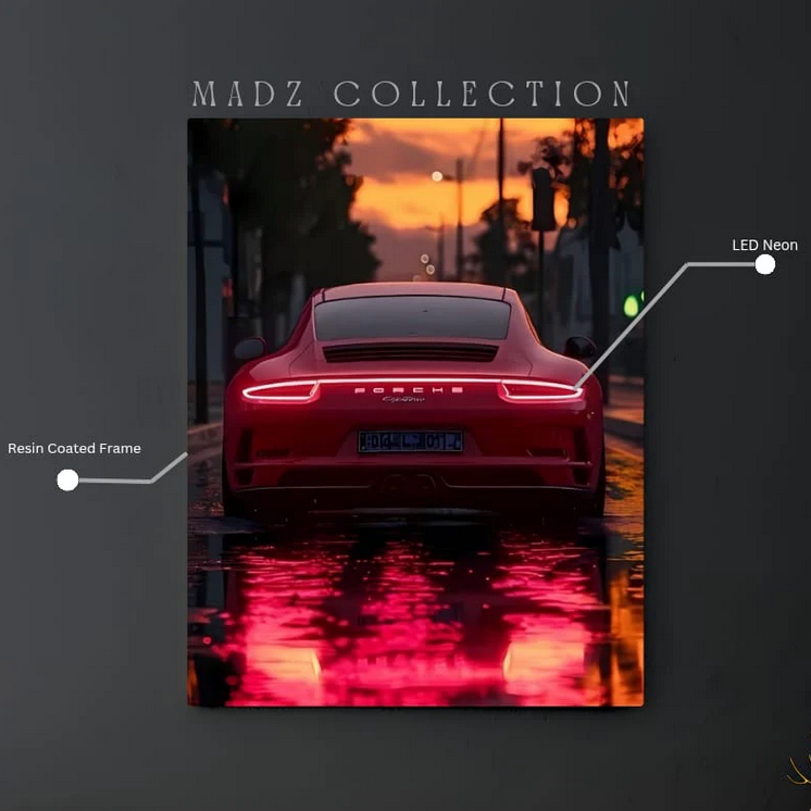 Porsche Back Red Light | Resin Neon Frame | 4k Premium